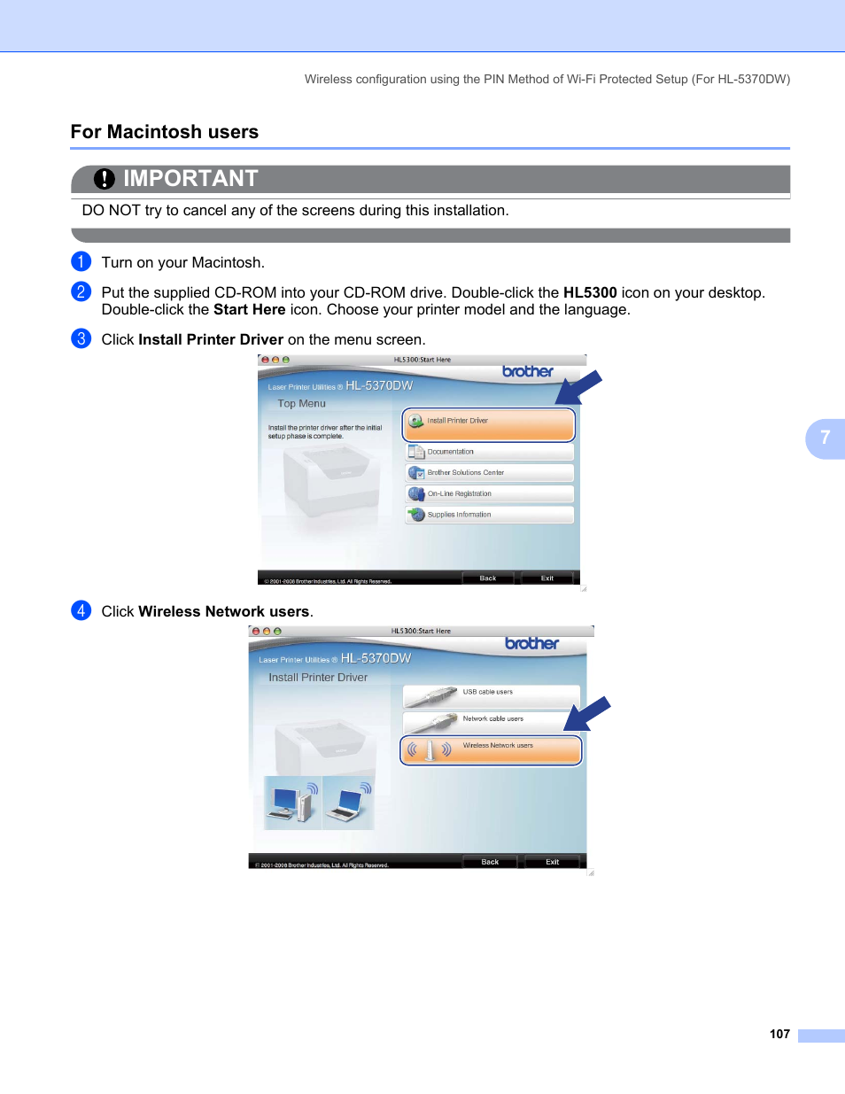 For macintosh users, Important, 7for macintosh users | Brother HL 5370DW User Manual | Page 117 / 203