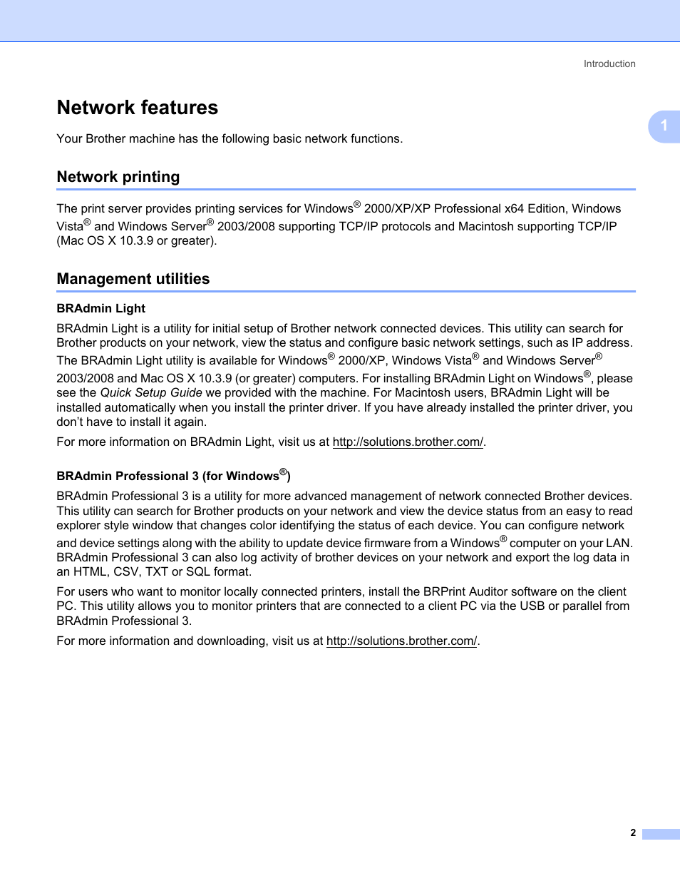 Network features, Network printing, Management utilities | Network printing management utilities | Brother HL 5370DW User Manual | Page 12 / 203