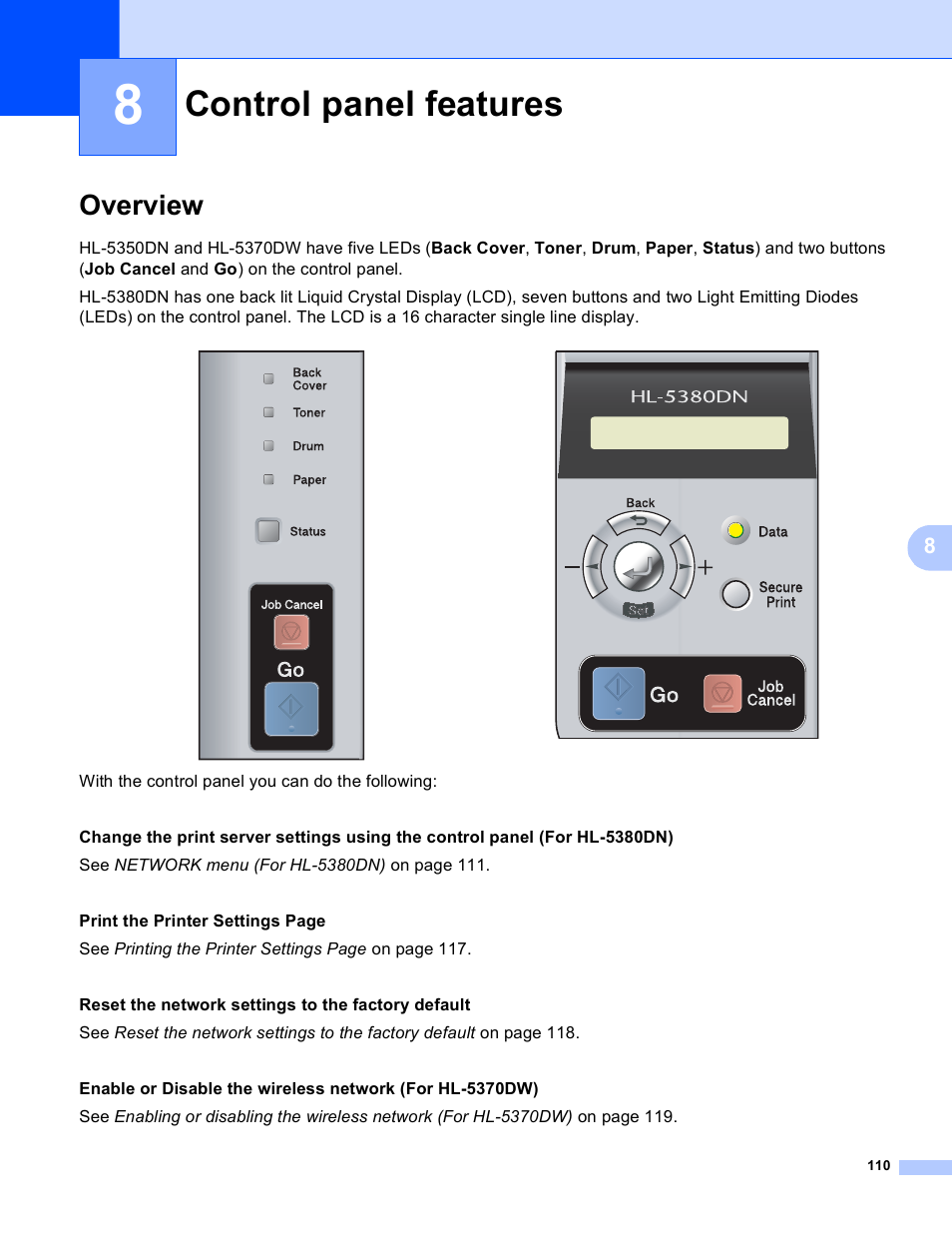 8 control panel features, Overview, Control panel features | Brother HL 5370DW User Manual | Page 120 / 203