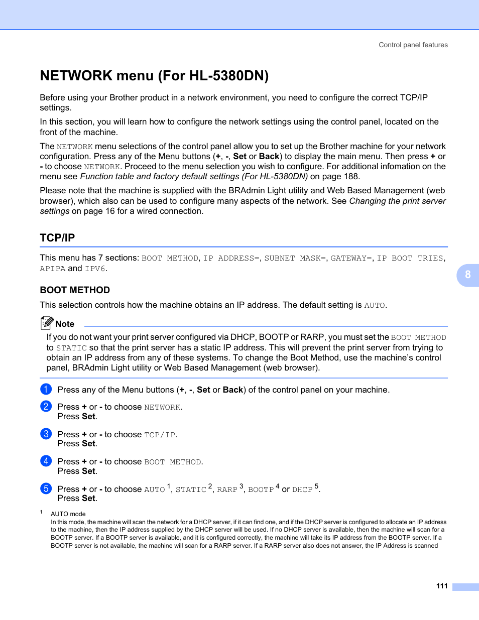 Network menu (for hl-5380dn), Tcp/ip, Boot method | Brother HL 5370DW User Manual | Page 121 / 203