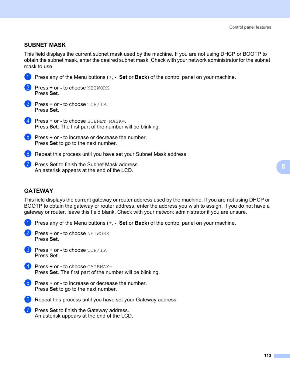 Subnet mask, Gateway | Brother HL 5370DW User Manual | Page 123 / 203