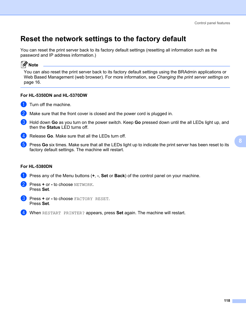 Reset the network settings to the factory default, Reset the | Brother HL 5370DW User Manual | Page 128 / 203