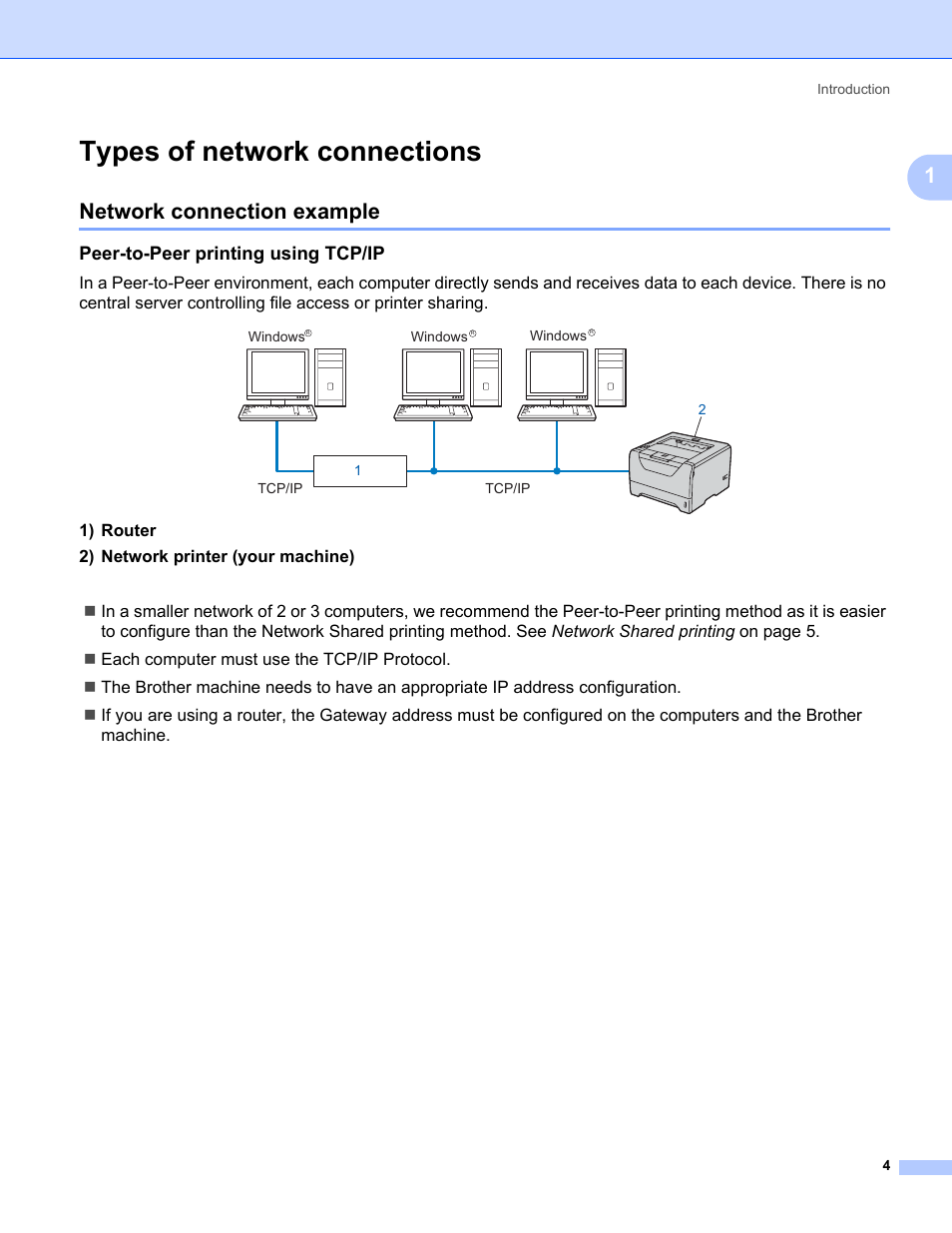 Types of network connections, Network connection example, Peer-to-peer printing using tcp/ip | Brother HL 5370DW User Manual | Page 14 / 203