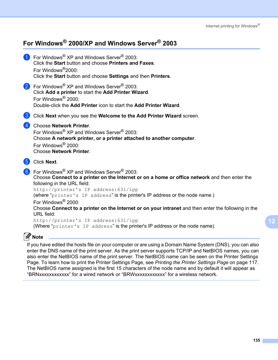 For windows® 2000/xp and windows server® 2003, For windows, 2000/xp and windows server | 12 for windows | Brother HL 5370DW User Manual | Page 145 / 203