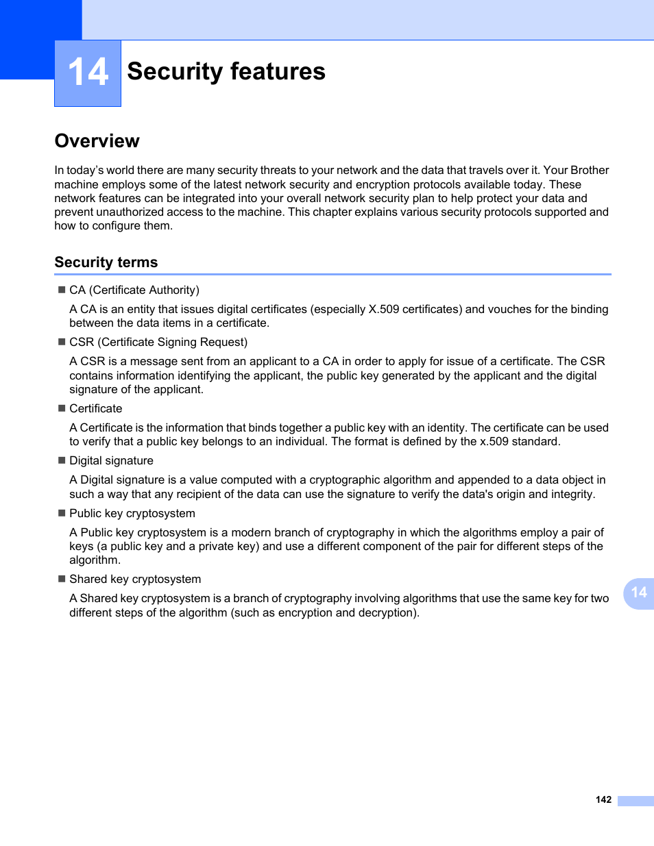14 security features, Overview, Security terms | Security features | Brother HL 5370DW User Manual | Page 152 / 203