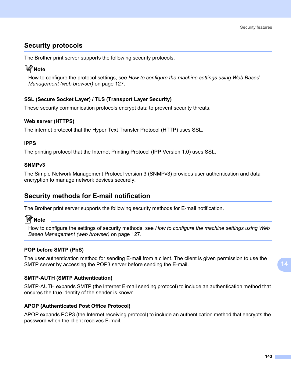 Security protocols, Security methods for e-mail notification, 14 security protocols | Pop before smtp (pbs) | Brother HL 5370DW User Manual | Page 153 / 203