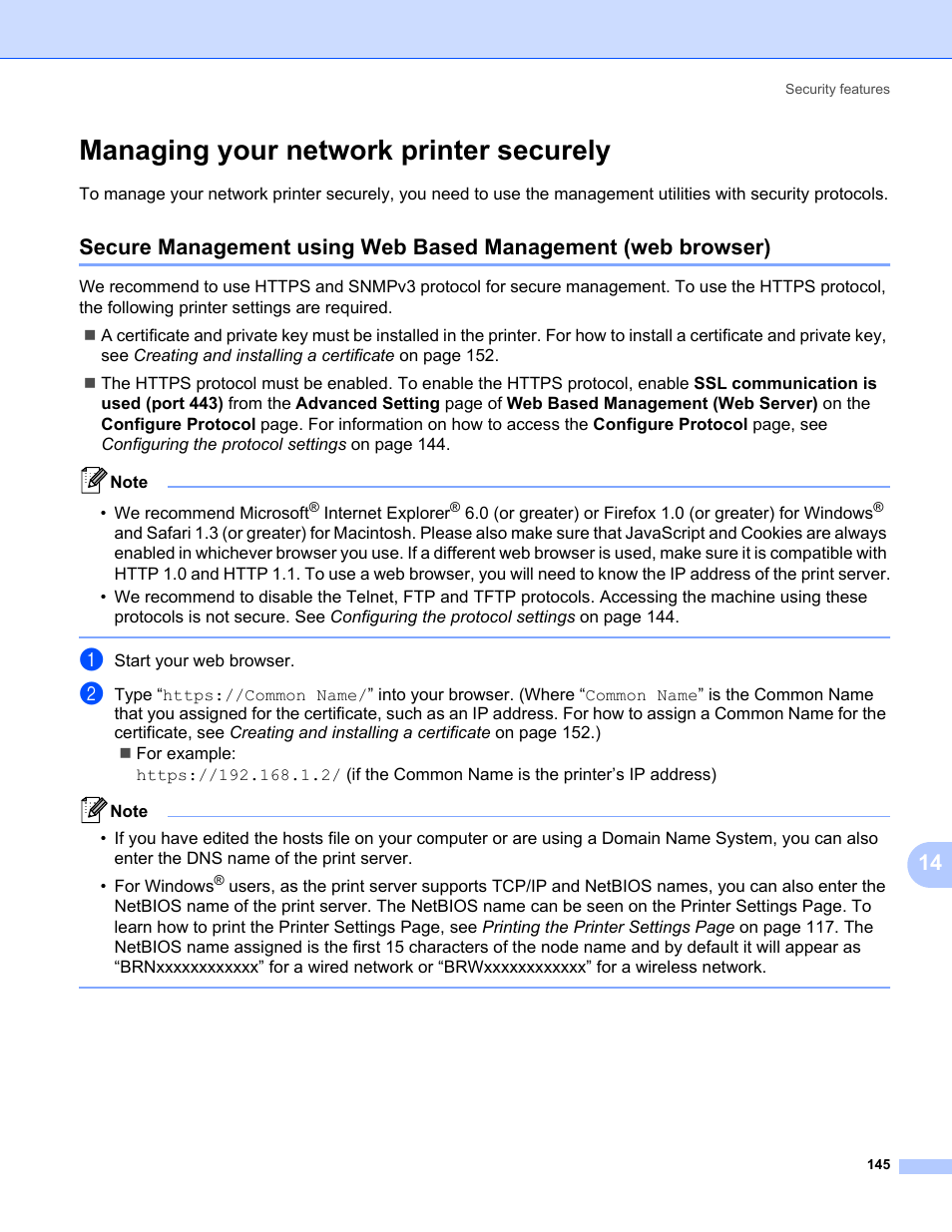 Managing your network printer securely, Ssl. see managing your network | Brother HL 5370DW User Manual | Page 155 / 203