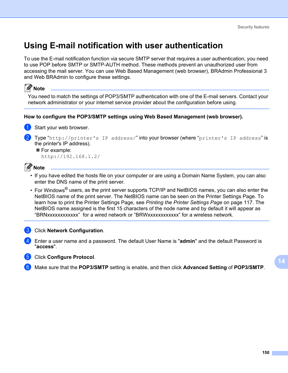 Using e-mail notification with user authentication | Brother HL 5370DW User Manual | Page 160 / 203