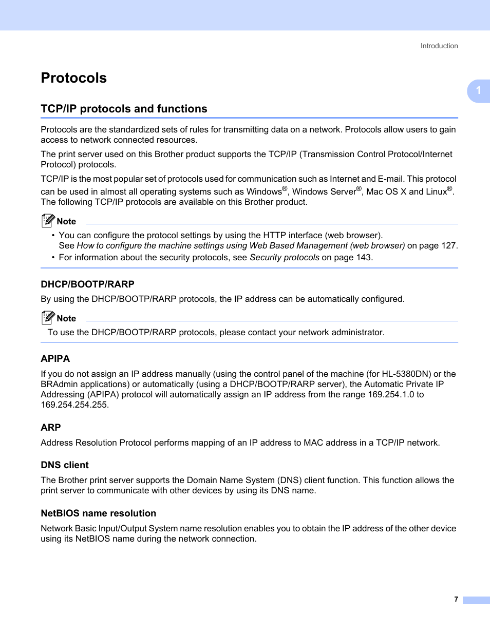 Protocols, Tcp/ip protocols and functions, Dhcp/bootp/rarp | Apipa, Dns client, Netbios name resolution, Windows server, Mac os x and linux | Brother HL 5370DW User Manual | Page 17 / 203