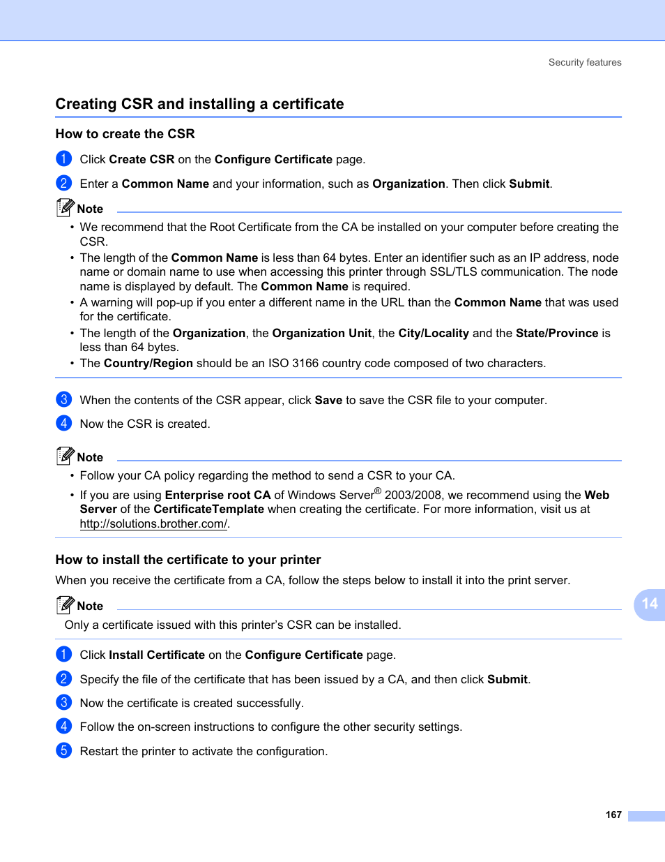 Creating csr and installing a certificate, How to create the csr, How to install the certificate to your printer | Creating csr and installing, 14 creating csr and installing a certificate | Brother HL 5370DW User Manual | Page 177 / 203