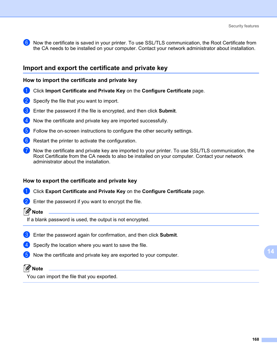 Import and export the certificate and private key, How to import the certificate and private key, How to export the certificate and private key | Brother HL 5370DW User Manual | Page 178 / 203