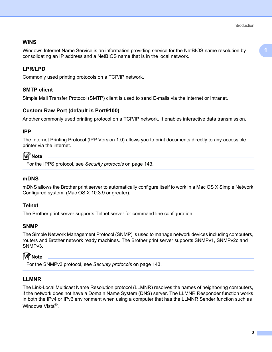 Wins, Lpr/lpd, Smtp client | Custom raw port (default is port9100), Mdns, Telnet, Snmp, Llmnr | Brother HL 5370DW User Manual | Page 18 / 203