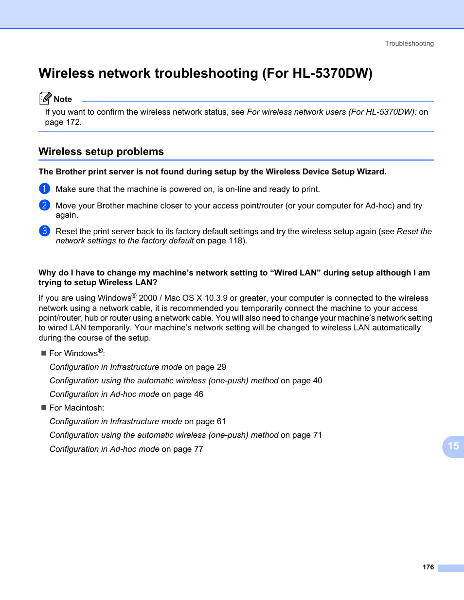 Wireless network troubleshooting (for hl-5370dw), Wireless setup problems | Brother HL 5370DW User Manual | Page 186 / 203