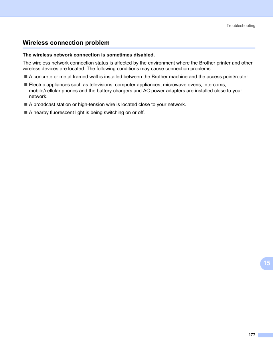 Wireless connection problem, 15 wireless connection problem | Brother HL 5370DW User Manual | Page 187 / 203