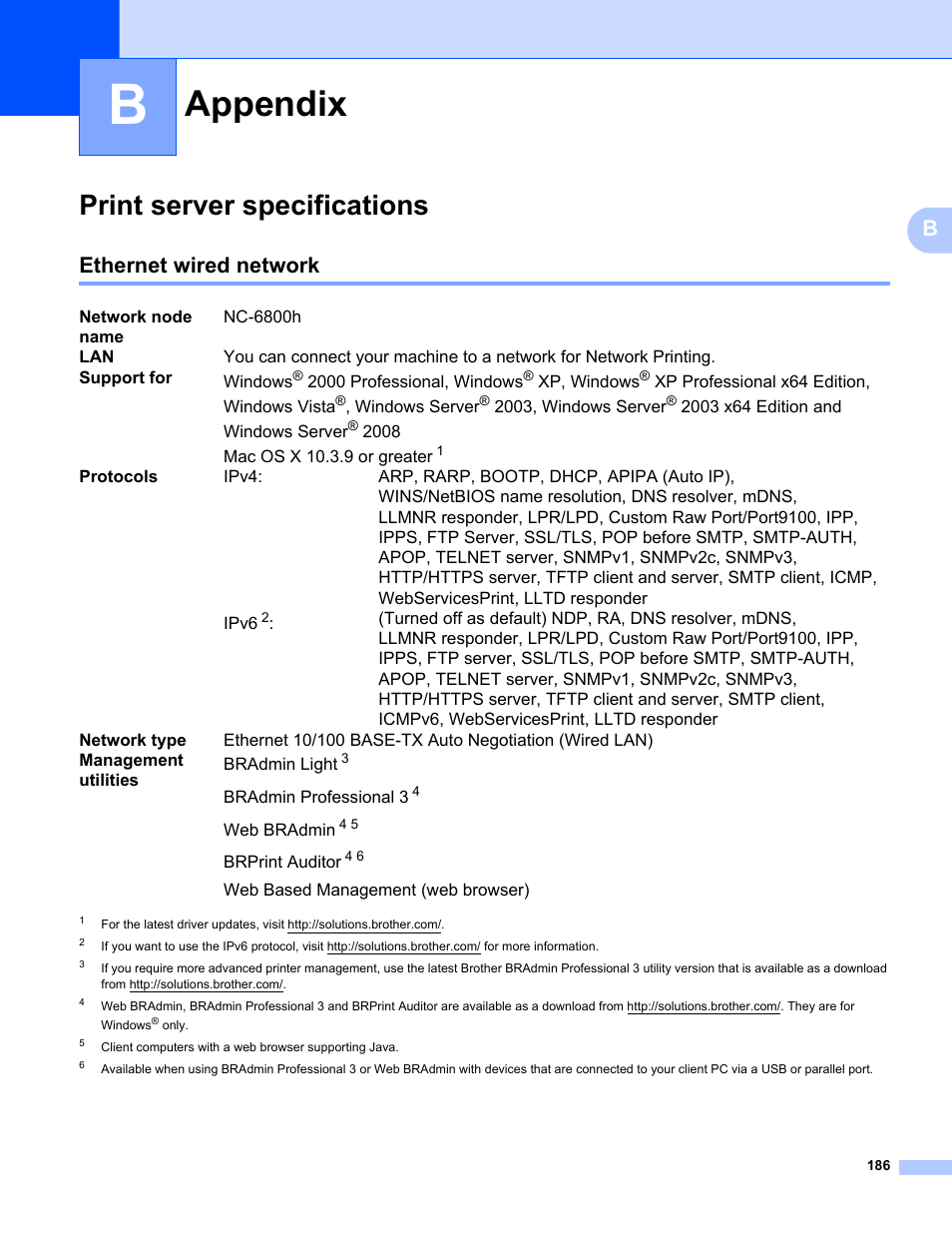 B appendix, Print server specifications, Ethernet wired network | Appendix | Brother HL 5370DW User Manual | Page 196 / 203