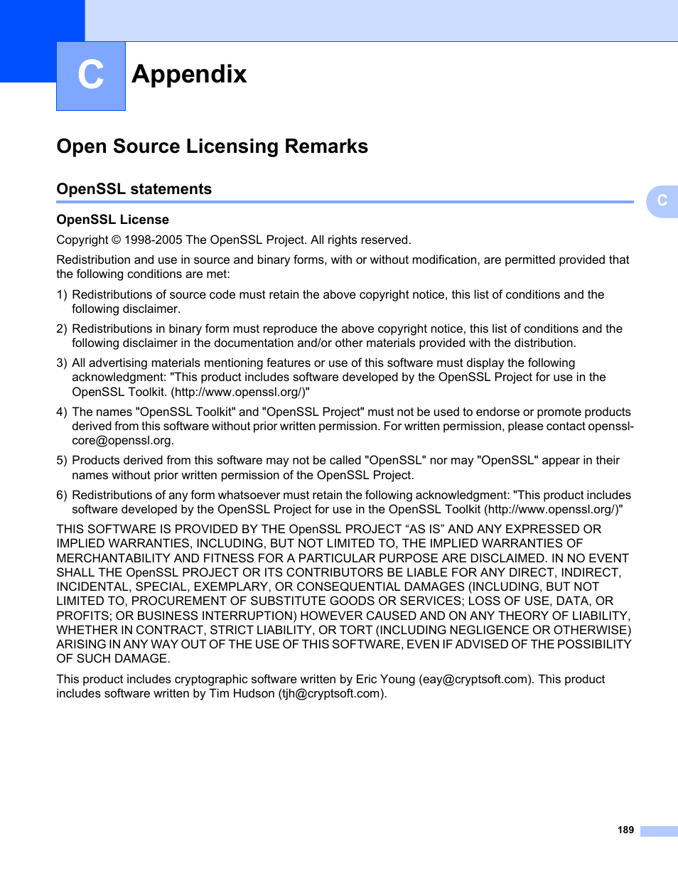 C appendix, Open source licensing remarks, Openssl statements | Openssl license, Appendix | Brother HL 5370DW User Manual | Page 199 / 203