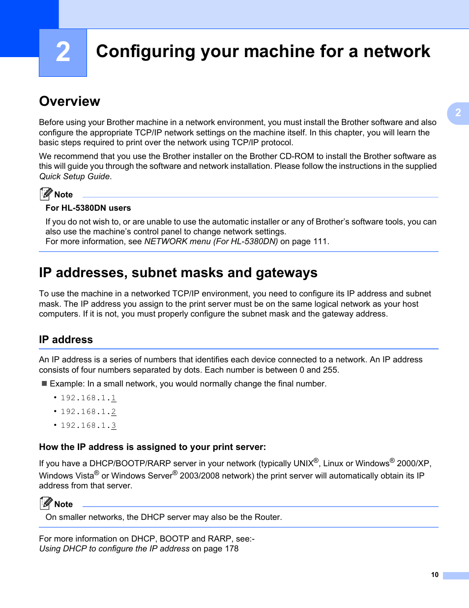 2 configuring your machine for a network, Overview, Ip addresses, subnet masks and gateways | Ip address, Configuring your machine for a network, Overview ip addresses, subnet masks and gateways | Brother HL 5370DW User Manual | Page 20 / 203