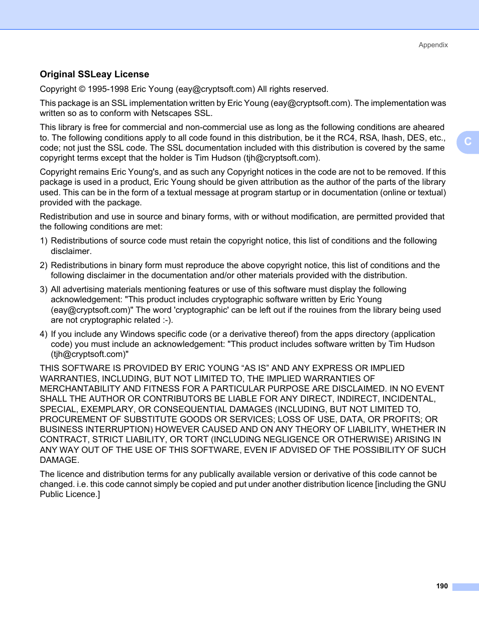 Original ssleay license | Brother HL 5370DW User Manual | Page 200 / 203