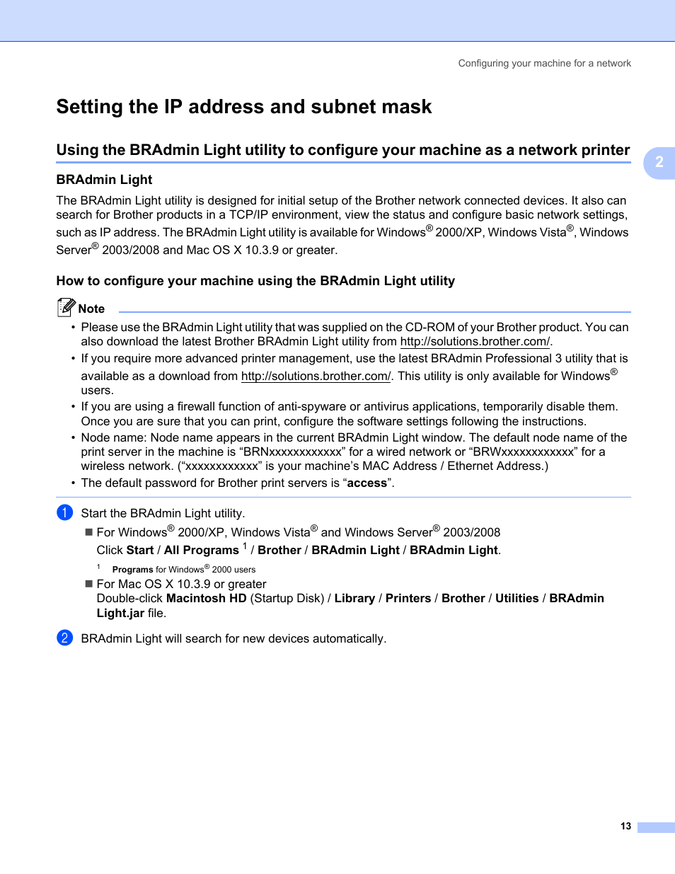 Setting the ip address and subnet mask, Bradmin light | Brother HL 5370DW User Manual | Page 23 / 203