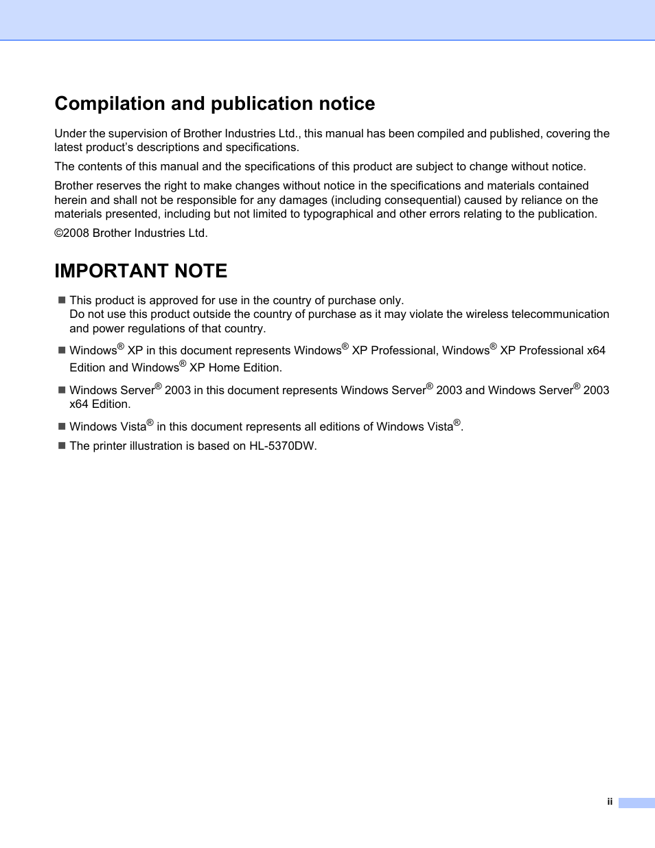 Compilation and publication notice | Brother HL 5370DW User Manual | Page 3 / 203