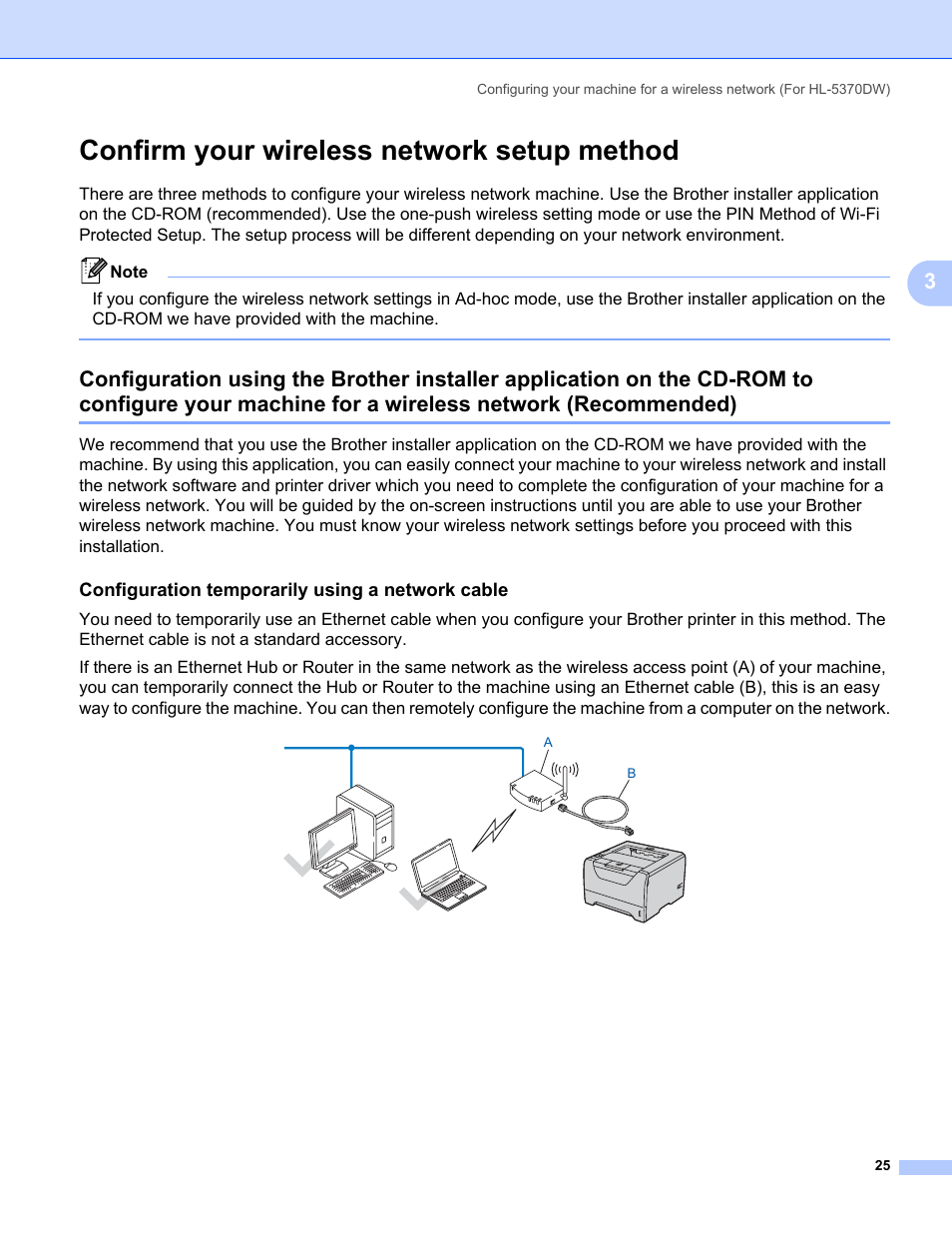 Confirm your wireless network setup method, Configuration temporarily using a network cable, Machine for a wireless network (recommended) | Brother HL 5370DW User Manual | Page 35 / 203