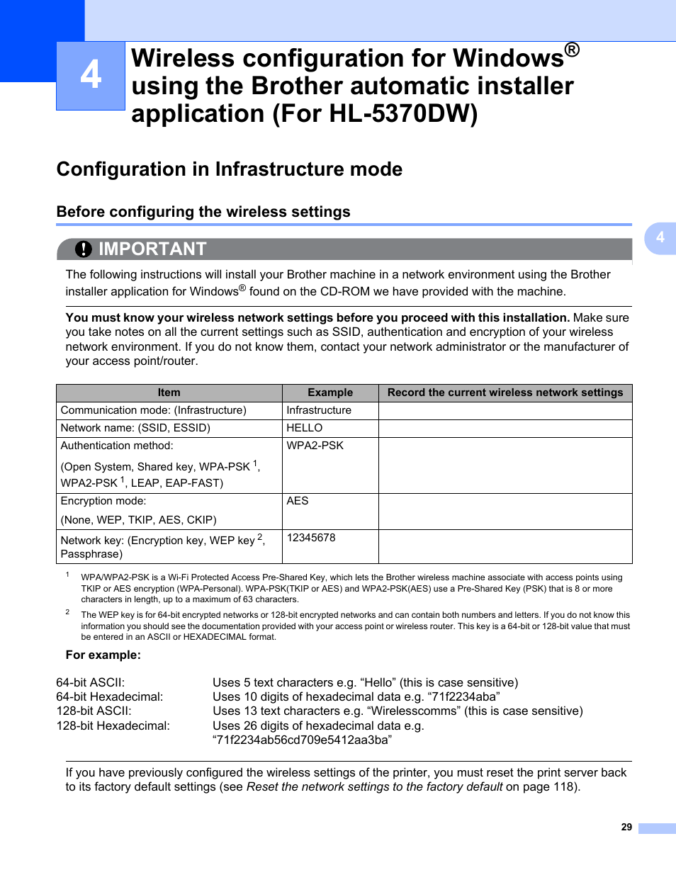 Configuration in infrastructure mode, Before configuring the wireless settings, Wireless configuration for windows | Using the brother automatic installer, Application (for hl-5370dw), Using the brother automatic installer application, For hl-5370dw) in chapter 4, Important | Brother HL 5370DW User Manual | Page 39 / 203