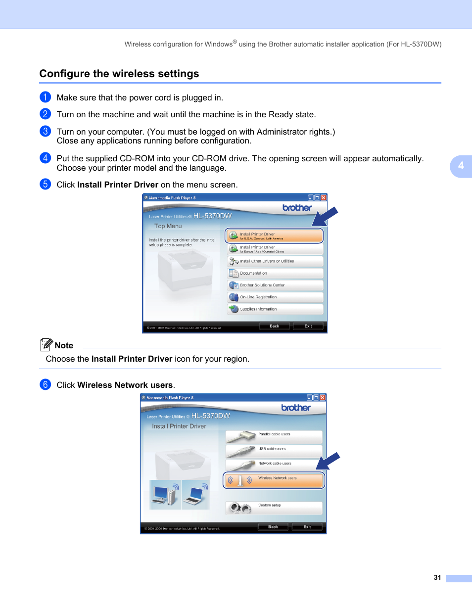 Configure the wireless settings, 4configure the wireless settings | Brother HL 5370DW User Manual | Page 41 / 203