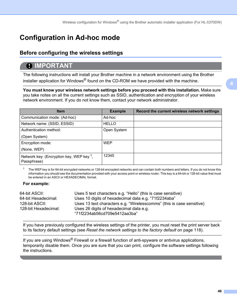 Configuration in ad-hoc mode, Before configuring the wireless settings, Important | Brother HL 5370DW User Manual | Page 56 / 203