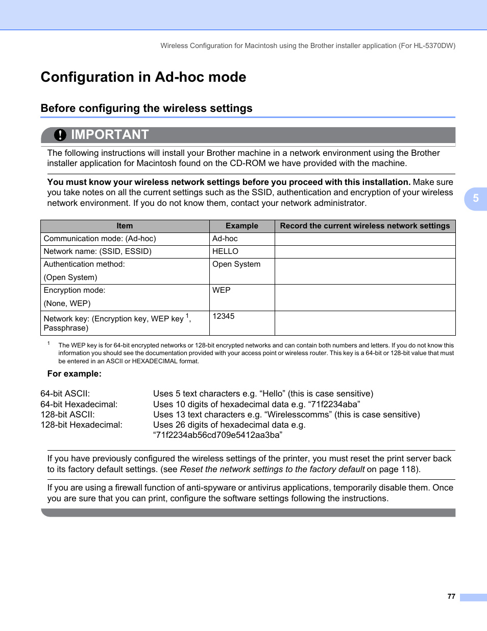 Configuration in ad-hoc mode, Before configuring the wireless settings, Important | Brother HL 5370DW User Manual | Page 87 / 203