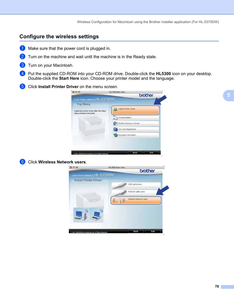 Configure the wireless settings | Brother HL 5370DW User Manual | Page 88 / 203