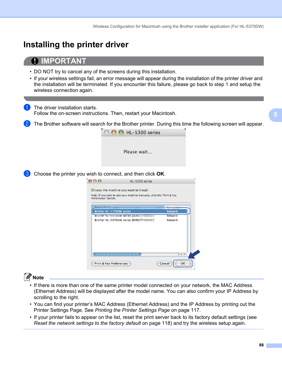 Installing the printer driver, Important | Brother HL 5370DW User Manual | Page 98 / 203