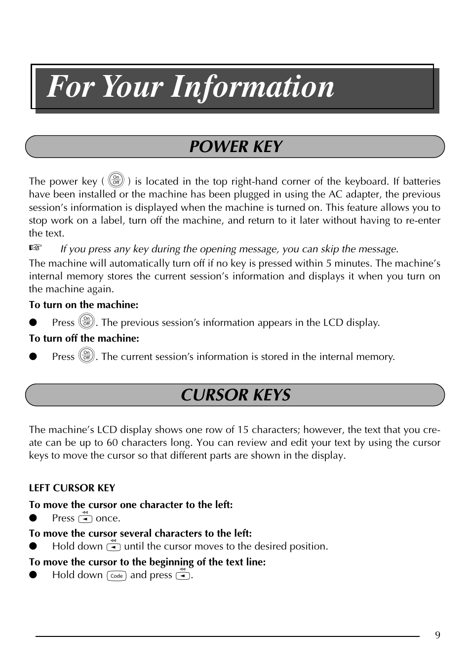 For your information, Power key cursor keys | Brother P-touch PT-1750 User Manual | Page 11 / 68