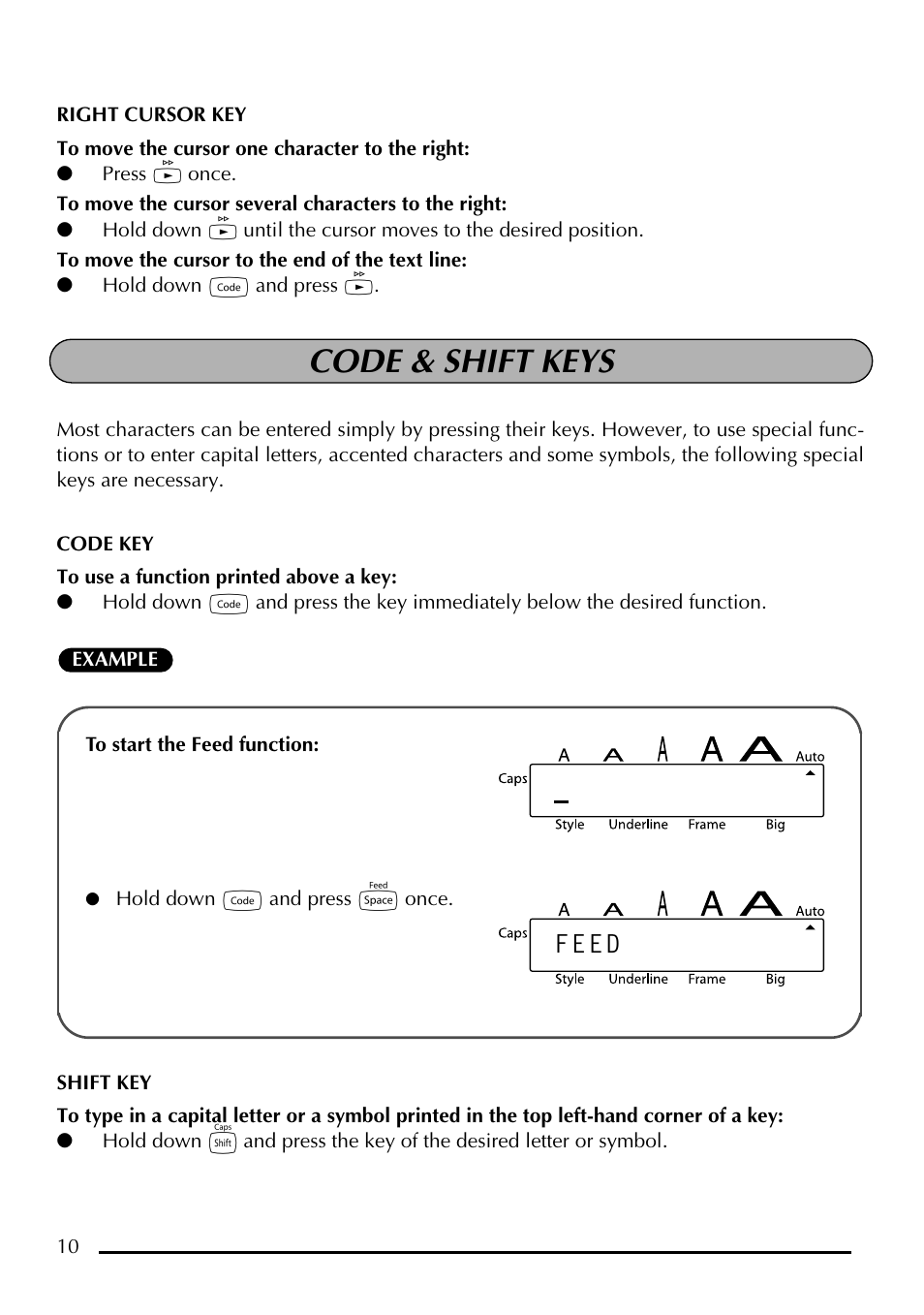 Code & shift keys, Feed | Brother P-touch PT-1750 User Manual | Page 12 / 68