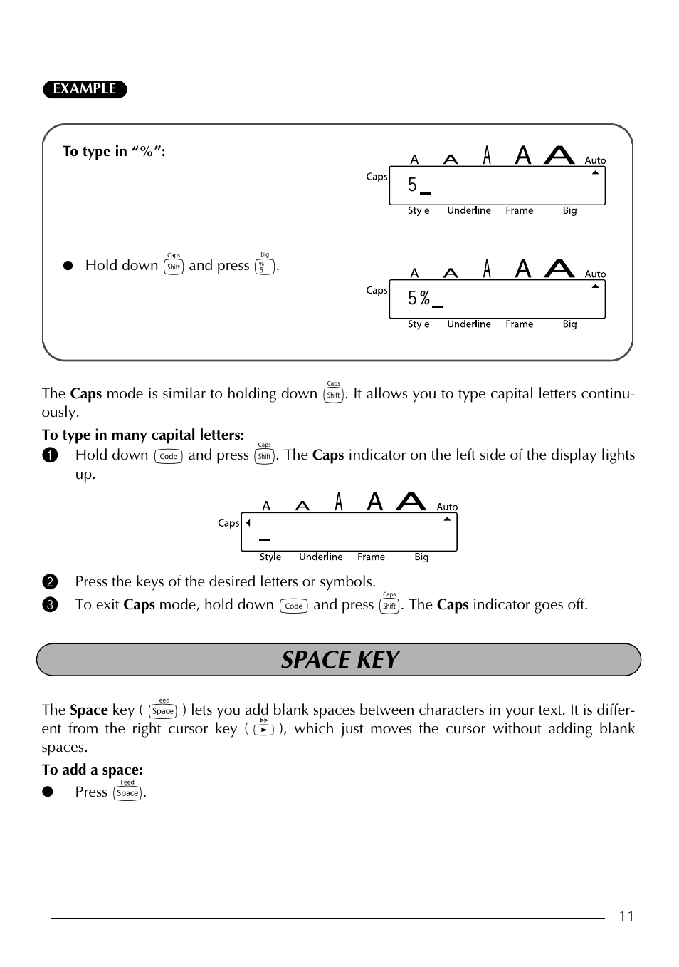 Space key | Brother P-touch PT-1750 User Manual | Page 13 / 68