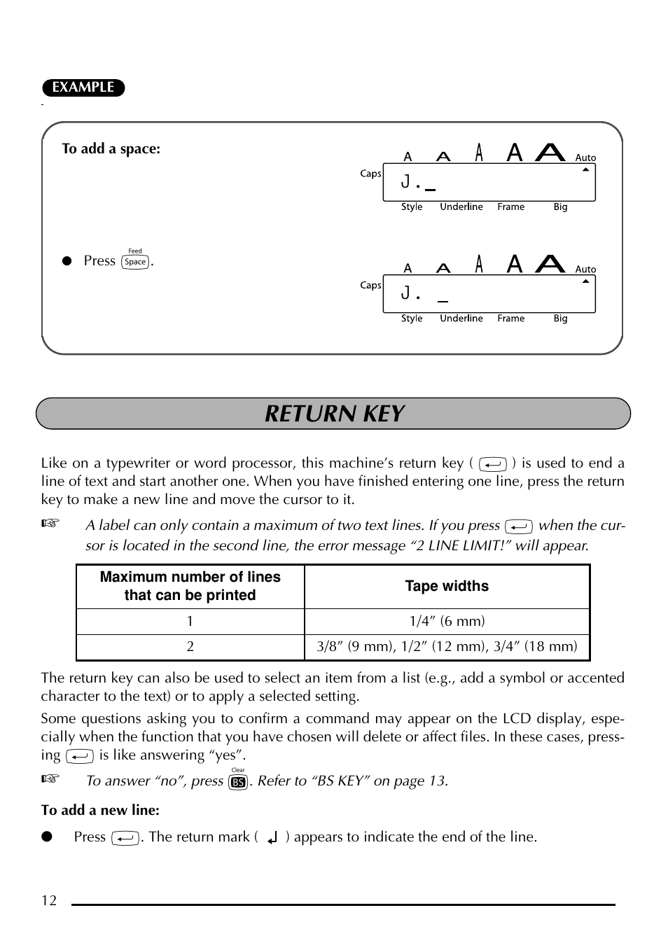 Return key | Brother P-touch PT-1750 User Manual | Page 14 / 68