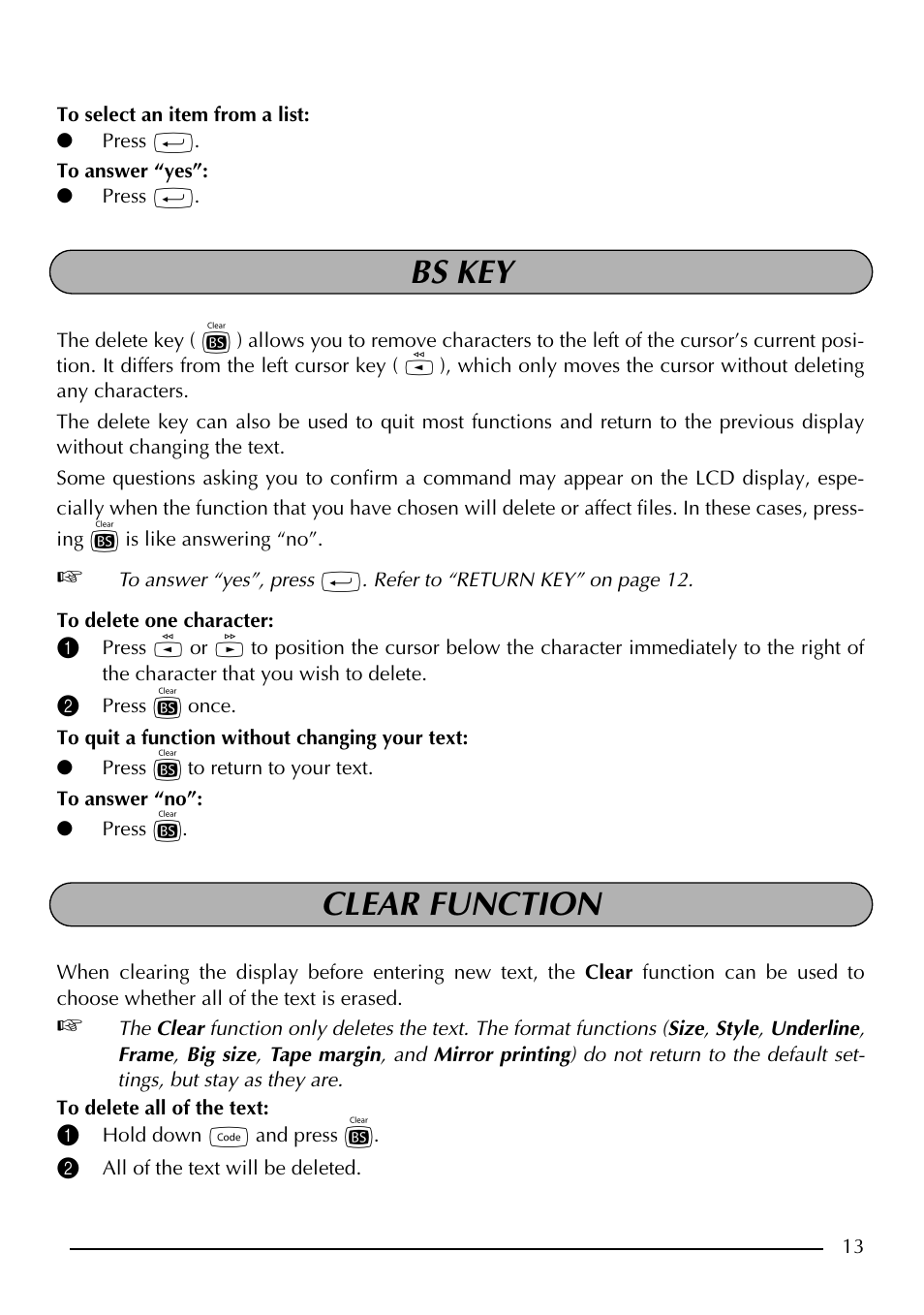 Bs key clear function | Brother P-touch PT-1750 User Manual | Page 15 / 68