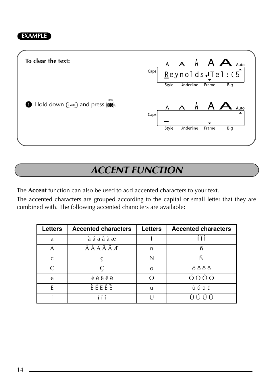 Accent function, Reynolds tel:(5 | Brother P-touch PT-1750 User Manual | Page 16 / 68