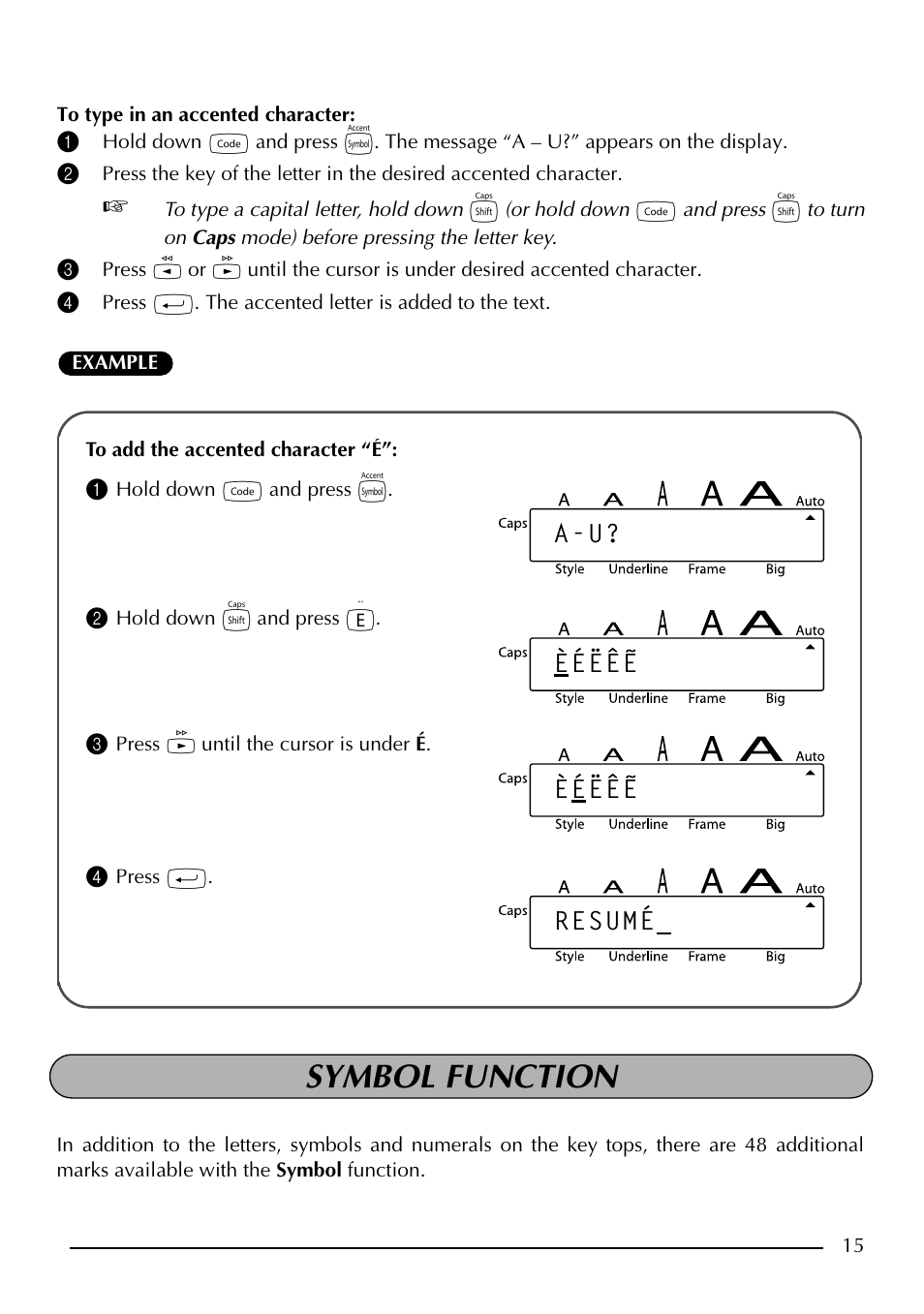 Symbol function, A-u? èéëêe èéëêe resumé | Brother P-touch PT-1750 User Manual | Page 17 / 68