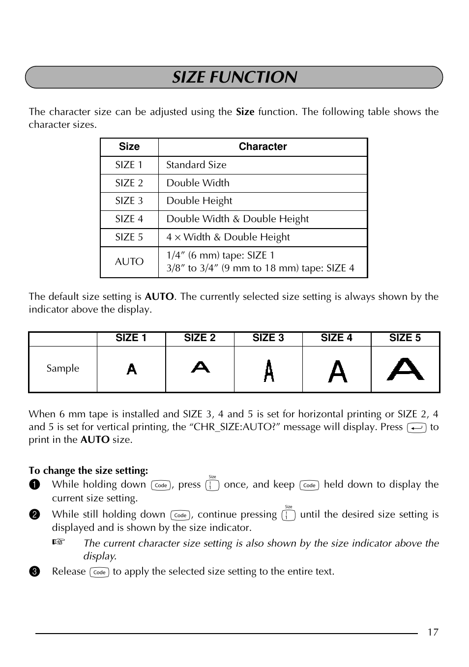 Size function | Brother P-touch PT-1750 User Manual | Page 19 / 68
