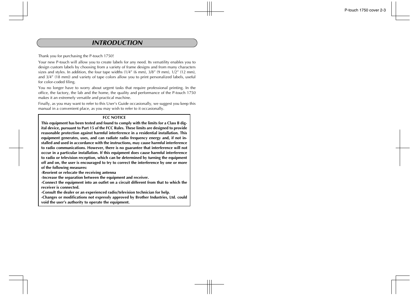 Introduction | Brother P-touch PT-1750 User Manual | Page 2 / 68