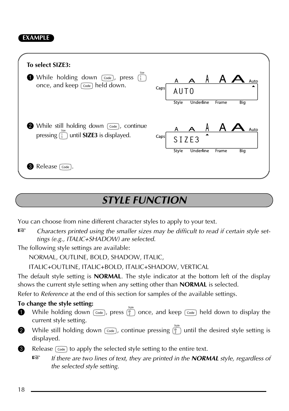 Style function, Auto size3 | Brother P-touch PT-1750 User Manual | Page 20 / 68