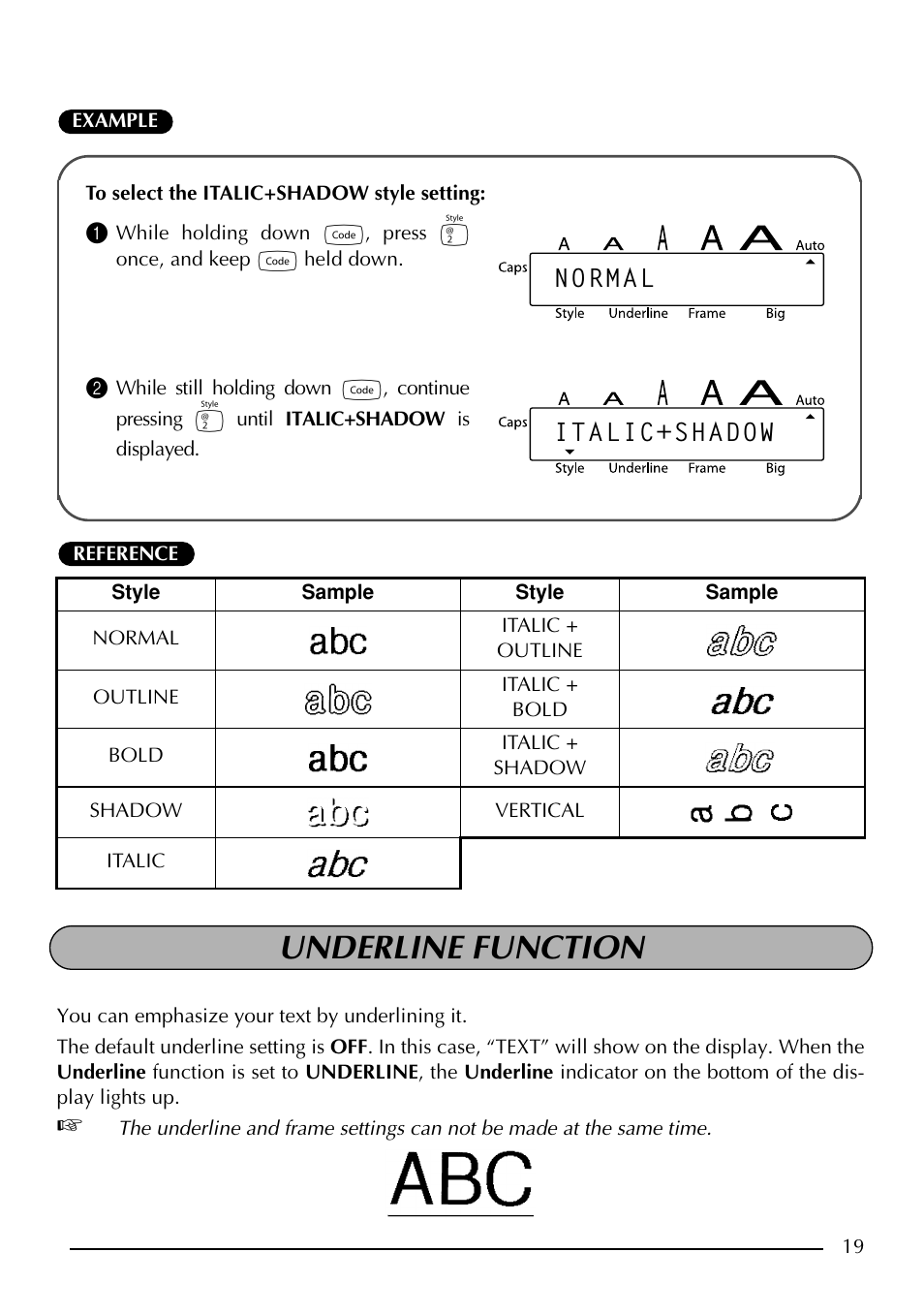 Underline function, Normal italic+shadow | Brother P-touch PT-1750 User Manual | Page 21 / 68