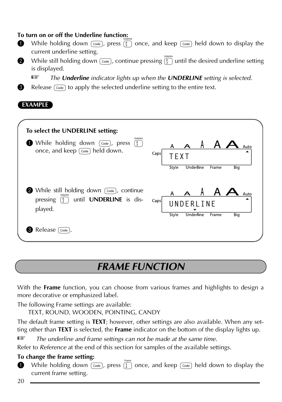 Frame function, Text underline | Brother P-touch PT-1750 User Manual | Page 22 / 68