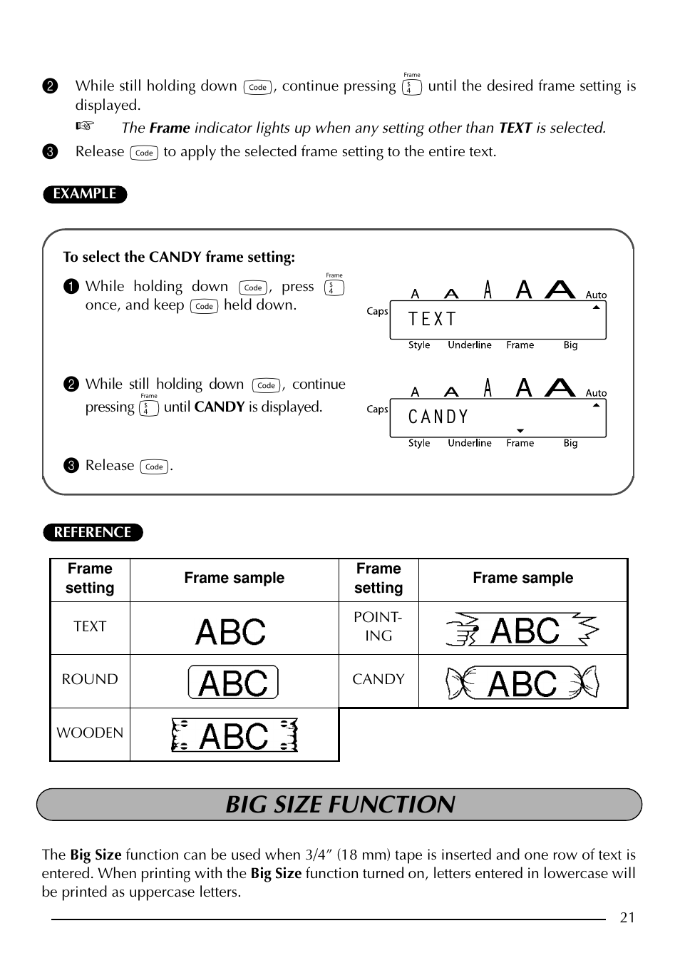 Big size function, Text candy | Brother P-touch PT-1750 User Manual | Page 23 / 68