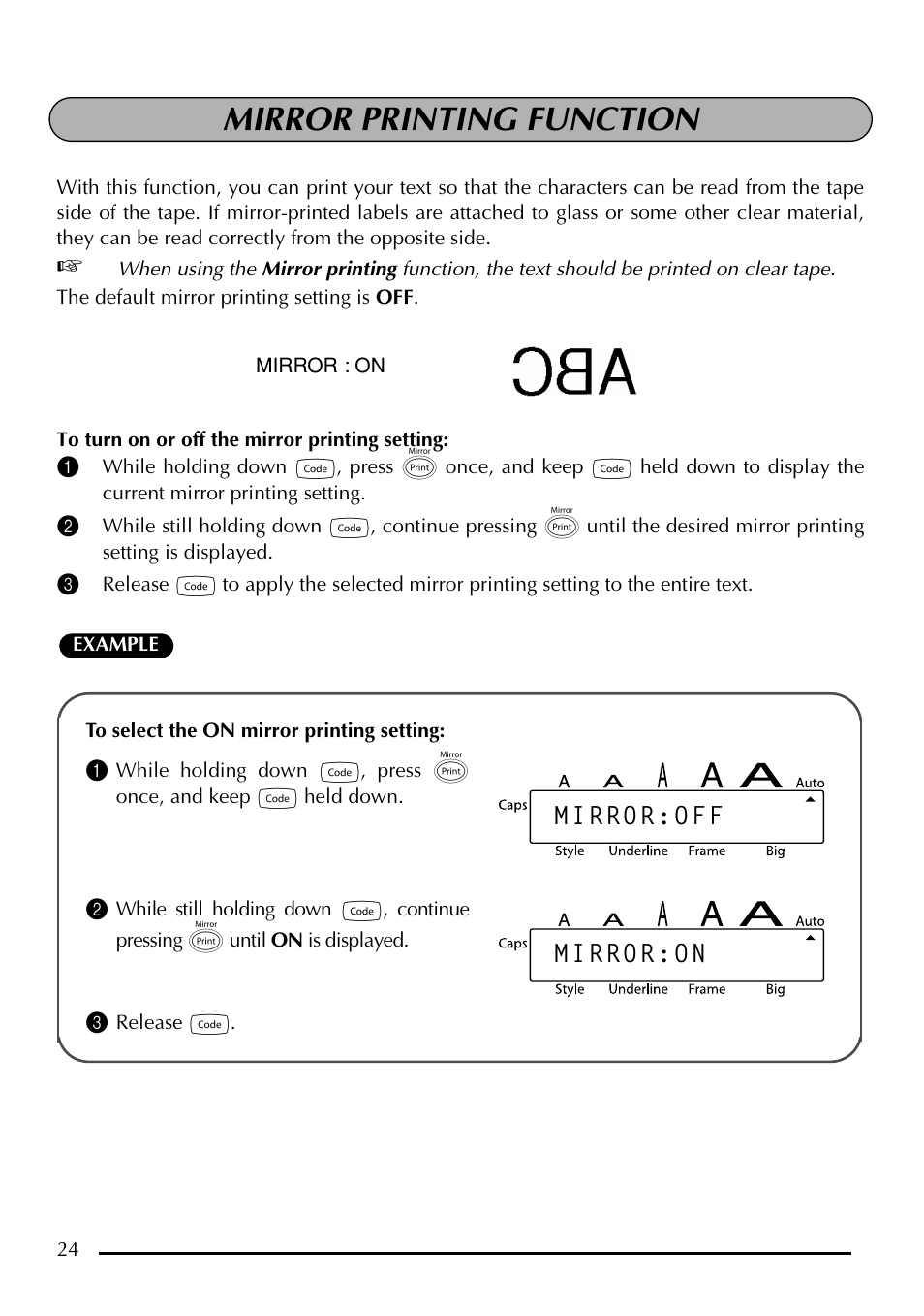 Mirror printing function, Mirror:off mirror:on | Brother P-touch PT-1750 User Manual | Page 26 / 68