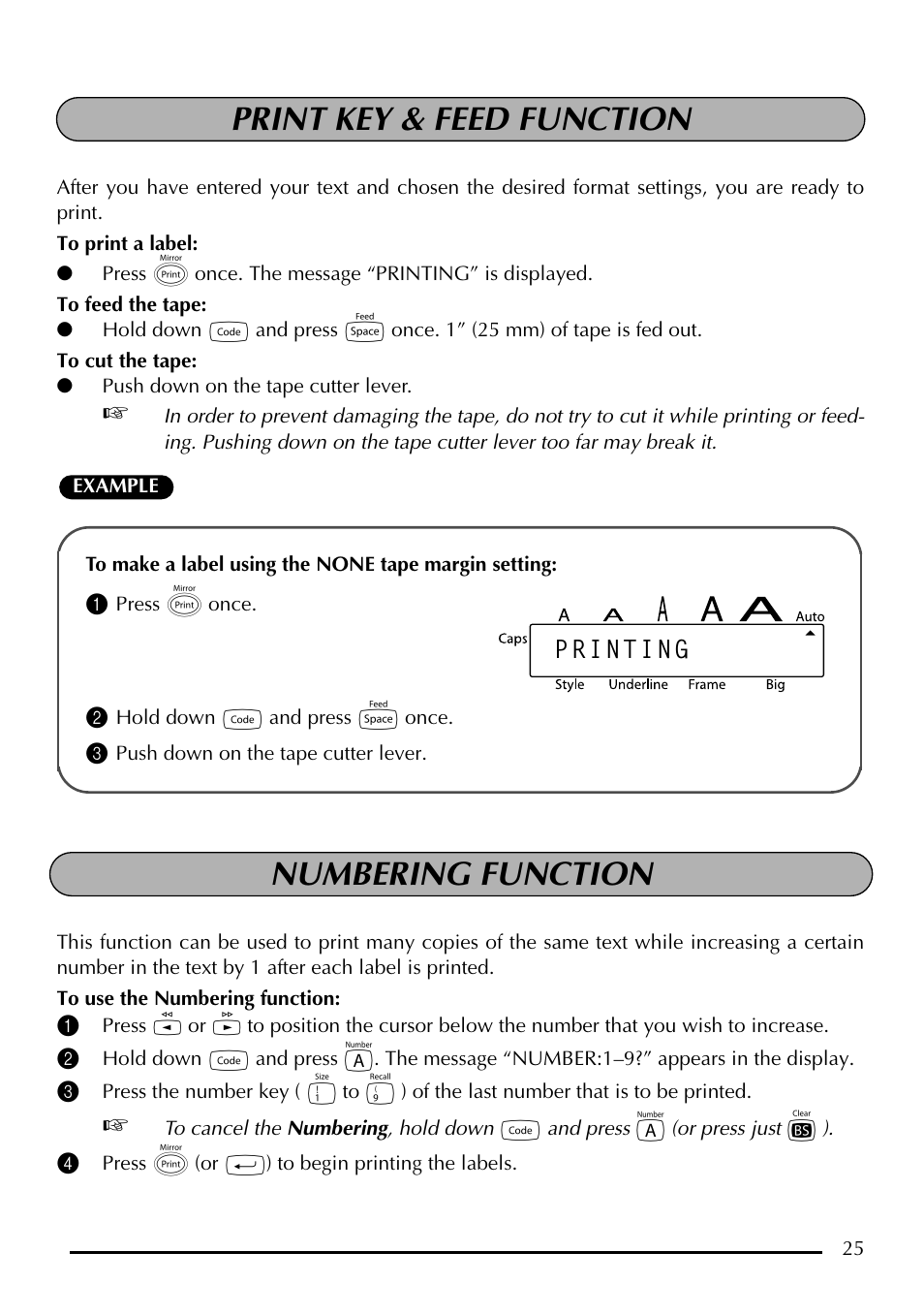 Print key & feed function, Numbering function, Printing | Brother P-touch PT-1750 User Manual | Page 27 / 68