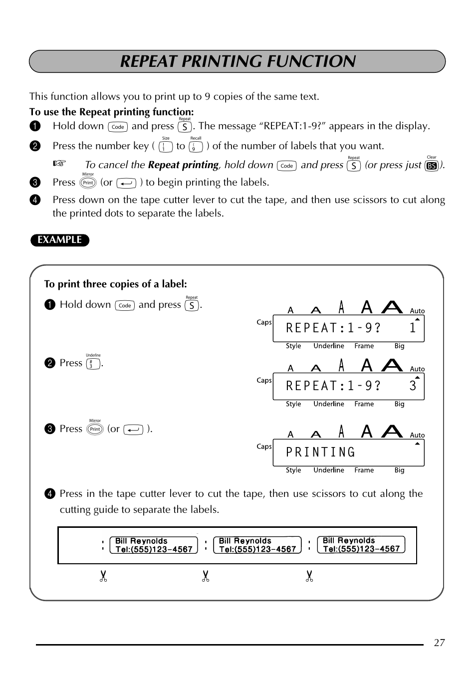 Repeat printing function | Brother P-touch PT-1750 User Manual | Page 29 / 68