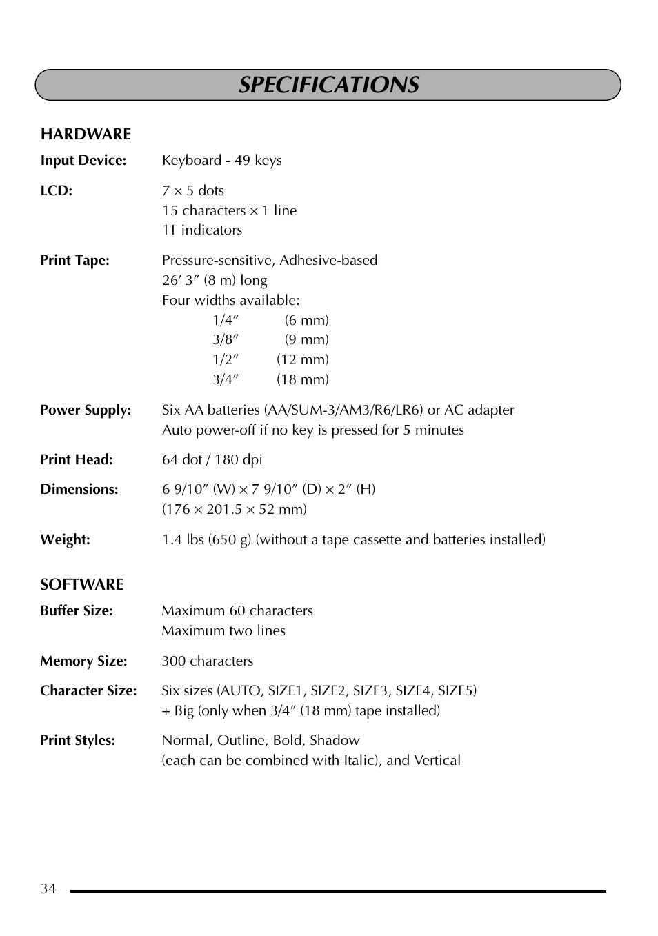 Specifications | Brother P-touch PT-1750 User Manual | Page 36 / 68