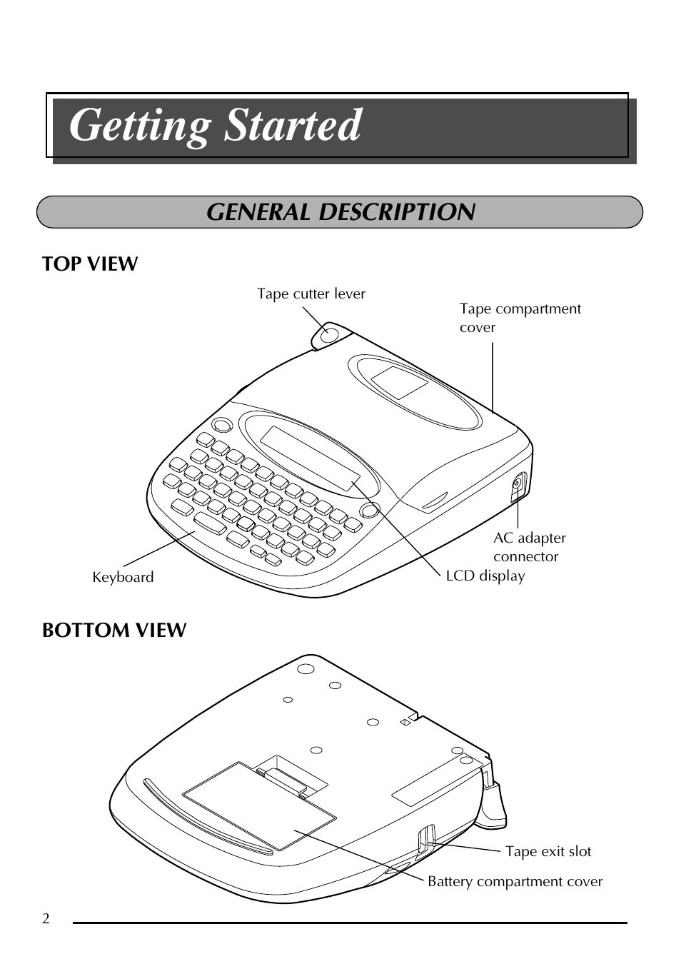 Getting started, General description | Brother P-touch PT-1750 User Manual | Page 4 / 68