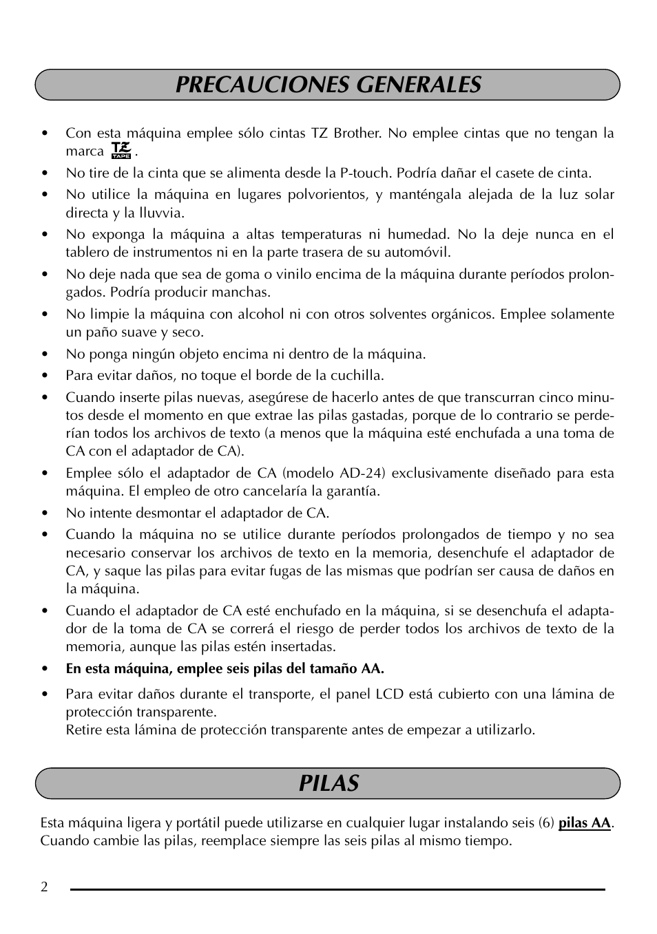 Precauciones generales, Pilas | Brother P-touch PT-1750 User Manual | Page 42 / 68